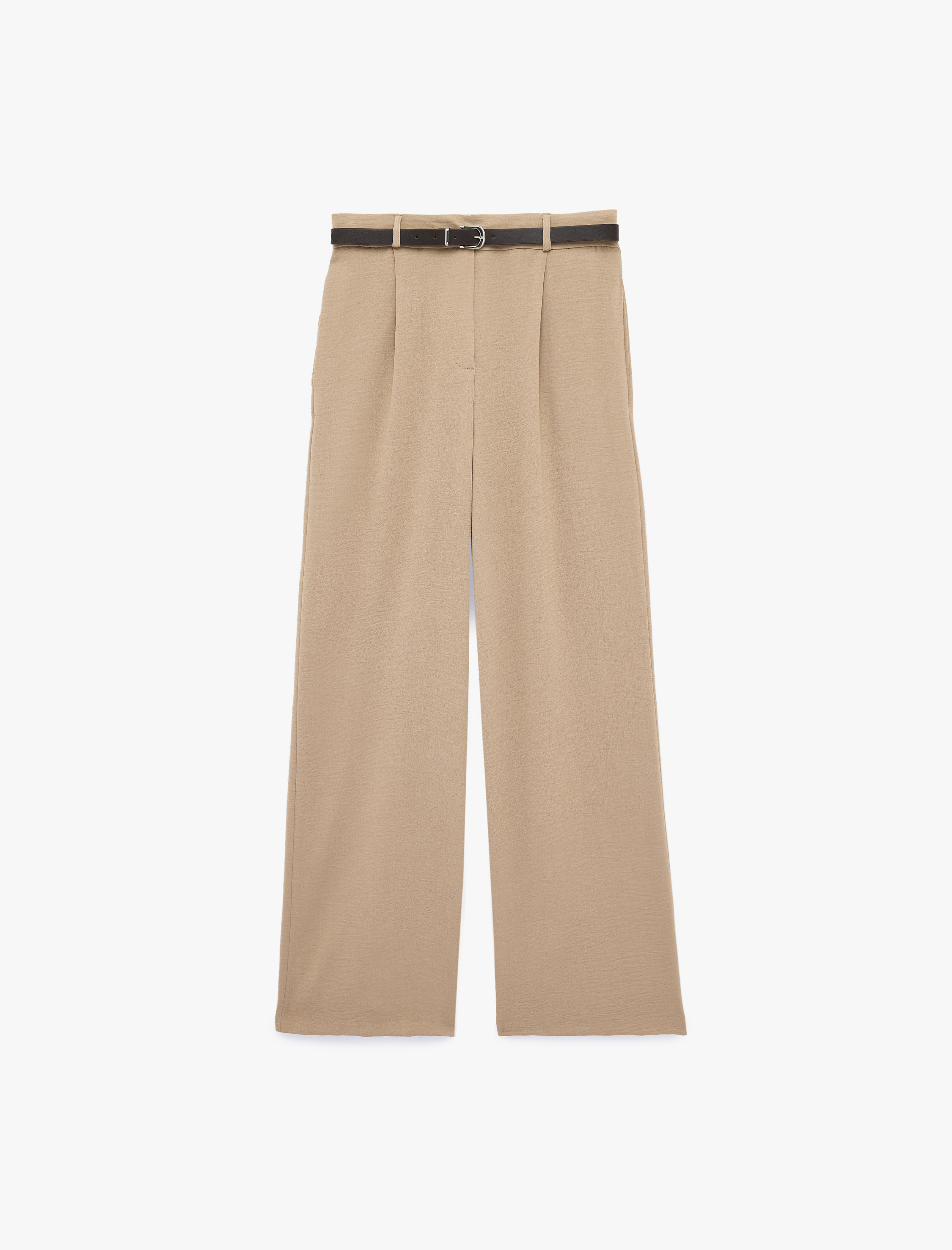   Keten Görünümlü Straight Fit Cepli Kemerli Geniş Paça Palazzo Pantolon