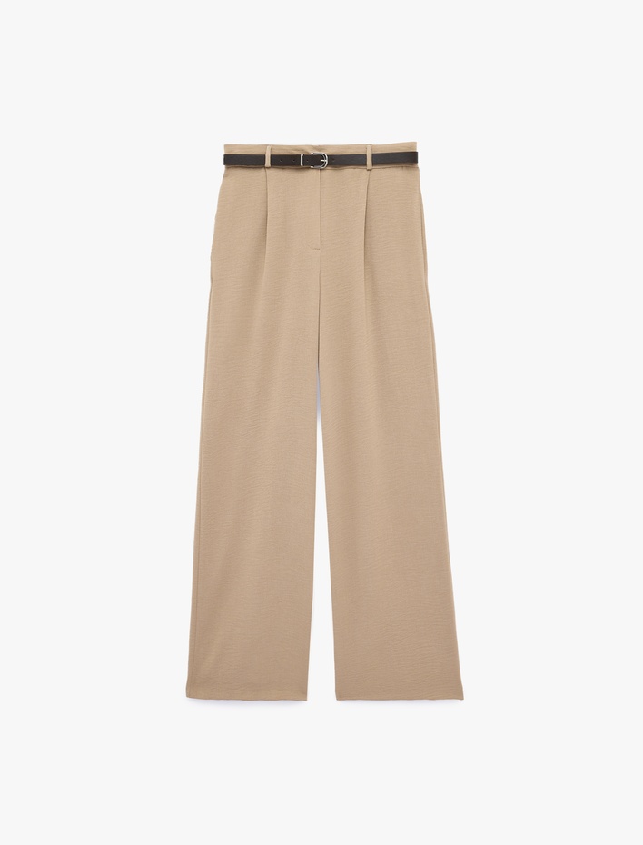  Keten Görünümlü Straight Fit Cepli Kemerli Geniş Paça Palazzo Pantolon