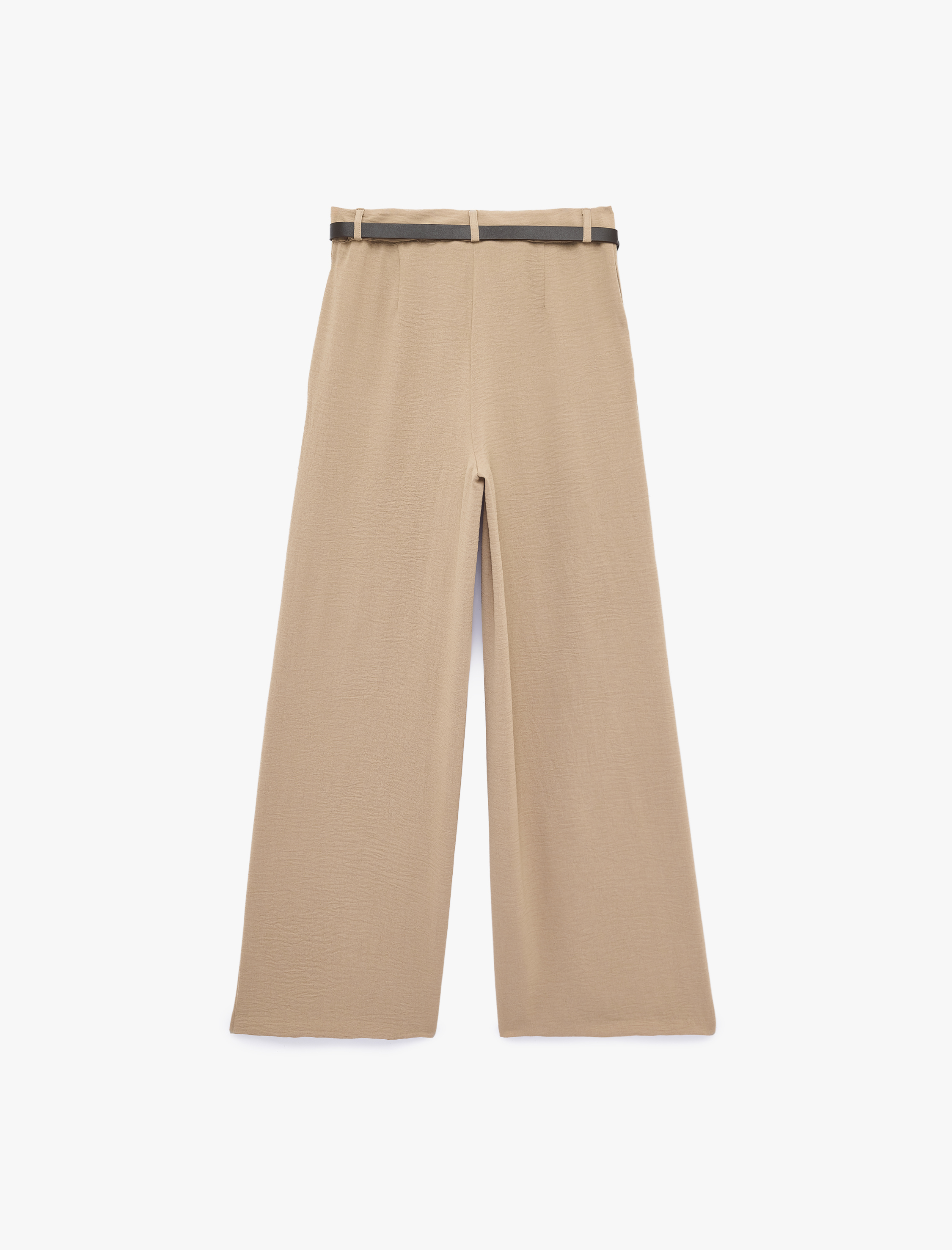   Keten Görünümlü Straight Fit Cepli Kemerli Geniş Paça Palazzo Pantolon