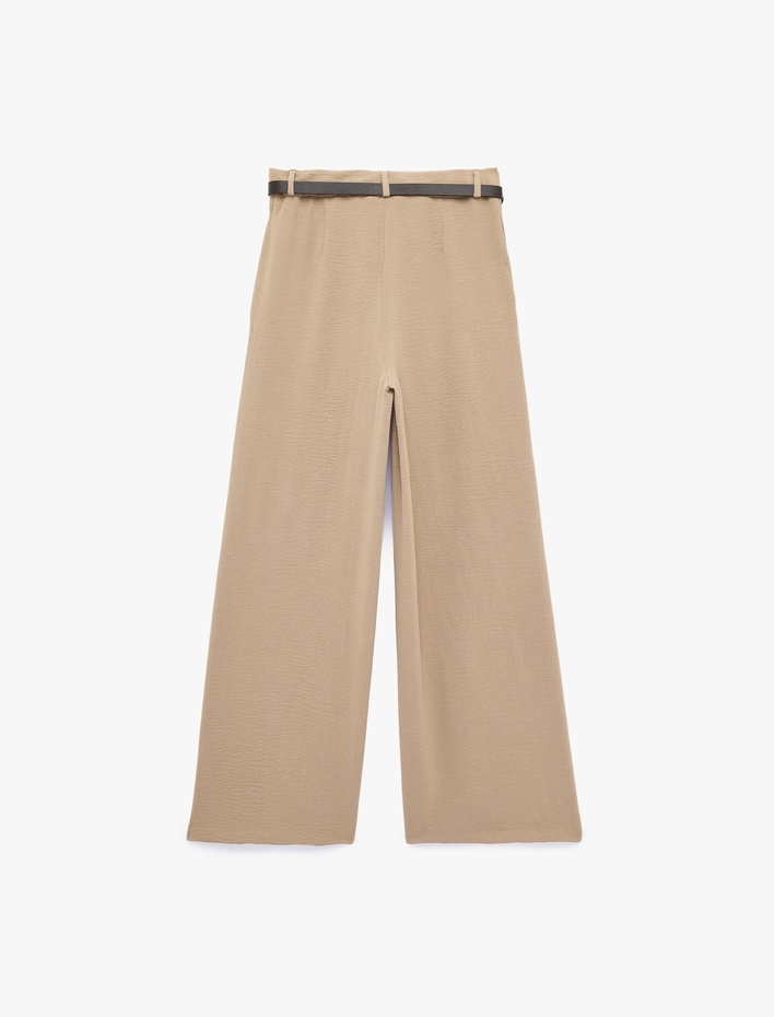  Keten Görünümlü Straight Fit Cepli Kemerli Geniş Paça Palazzo Pantolon