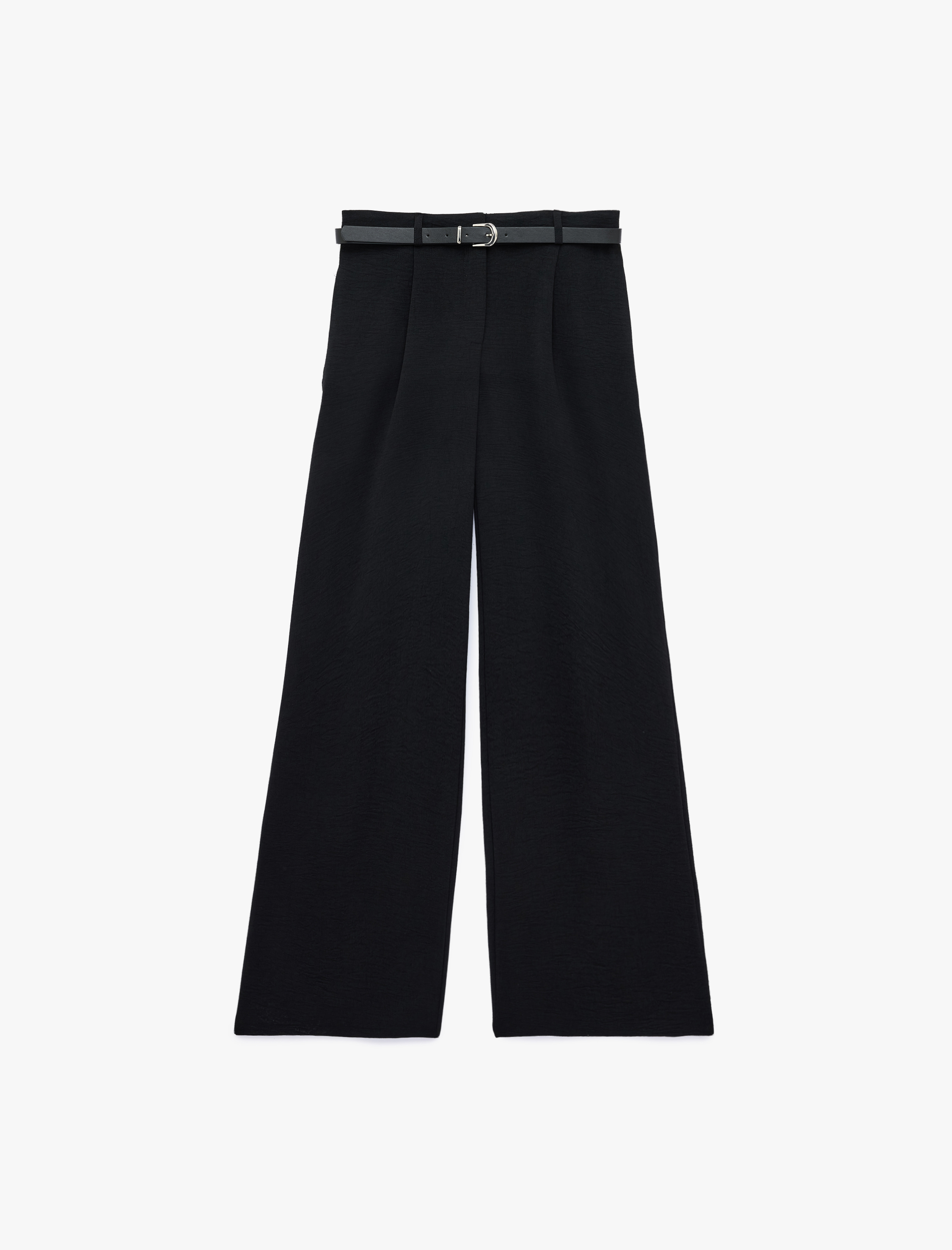   Keten Görünümlü Straight Fit Cepli Kemerli Geniş Paça Palazzo Pantolon