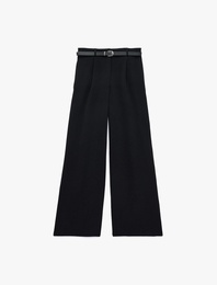 Keten Görünümlü Straight Fit Cepli Kemerli Geniş Paça Palazzo Pantolon