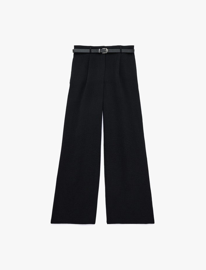 Keten Görünümlü Straight Fit Cepli Kemerli Geniş Paça Palazzo Pantolon