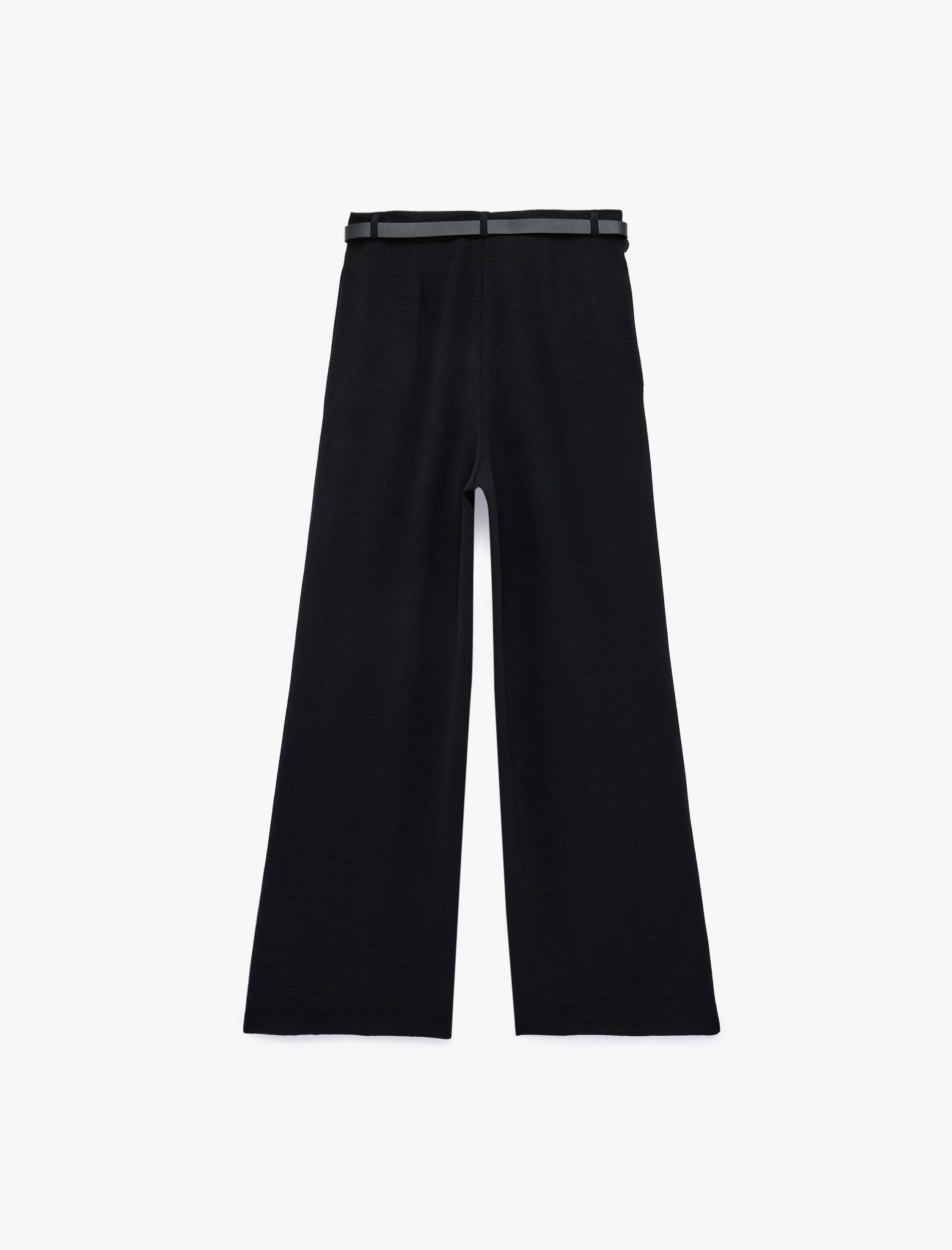   Keten Görünümlü Straight Fit Cepli Kemerli Geniş Paça Palazzo Pantolon