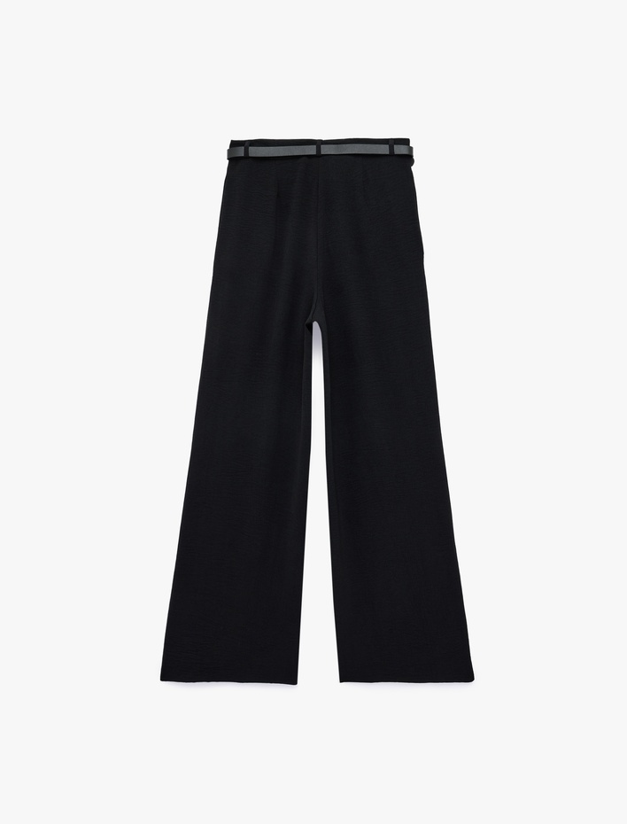 Keten Görünümlü Straight Fit Cepli Kemerli Geniş Paça Palazzo Pantolon