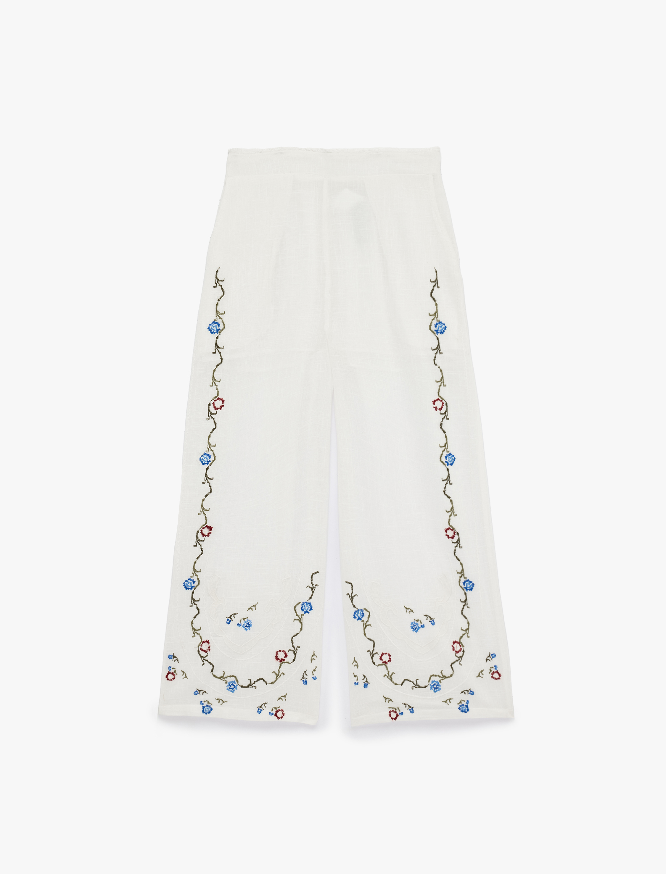   Pamuklu Keten Görünümlü Cepli Çiçek Motifli Nakışlı Geniş Paça Pantolon