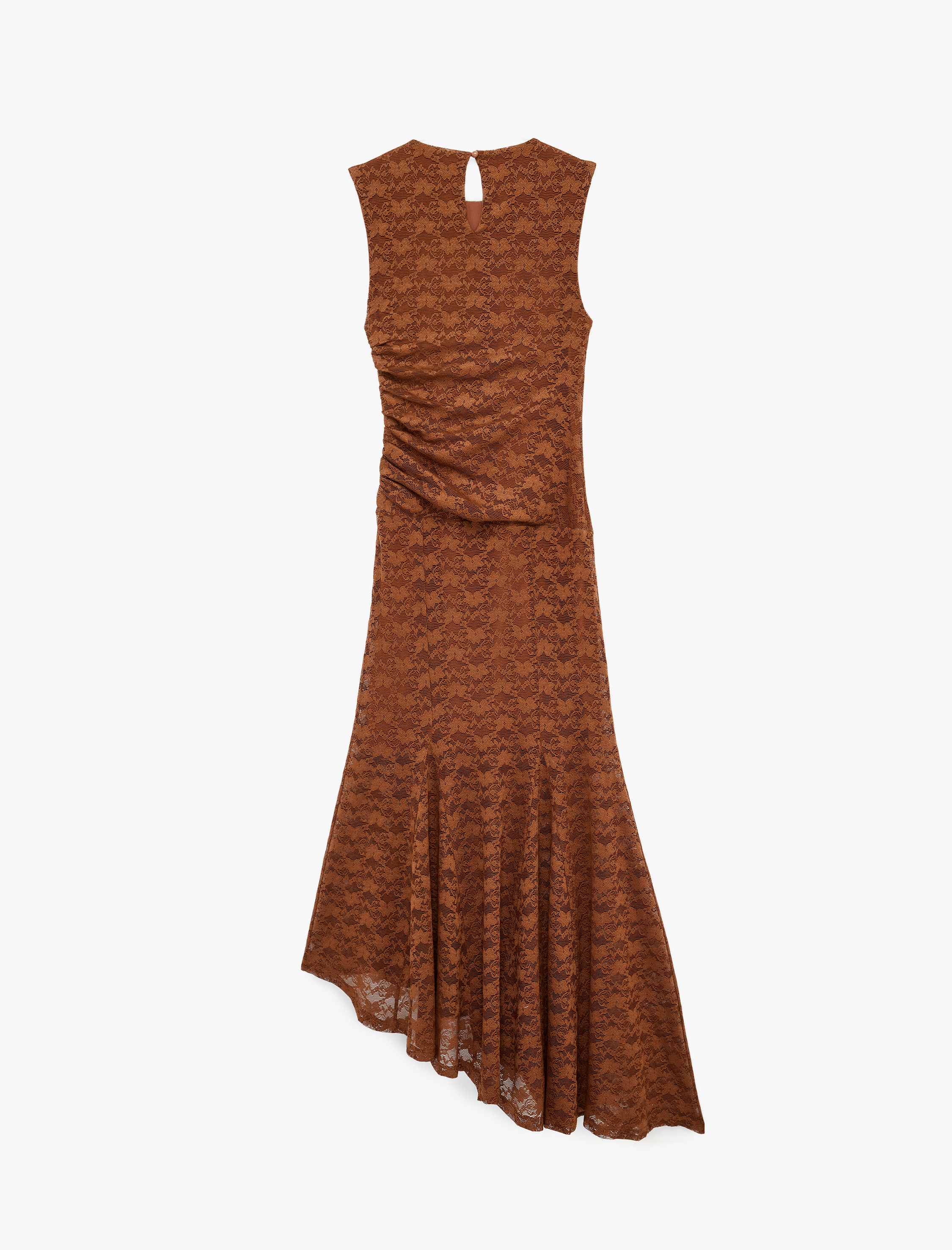   Asimetrik Kesim Slim Fit Kolsuz Bisiklet Yaka Uzun Dantel Elbise