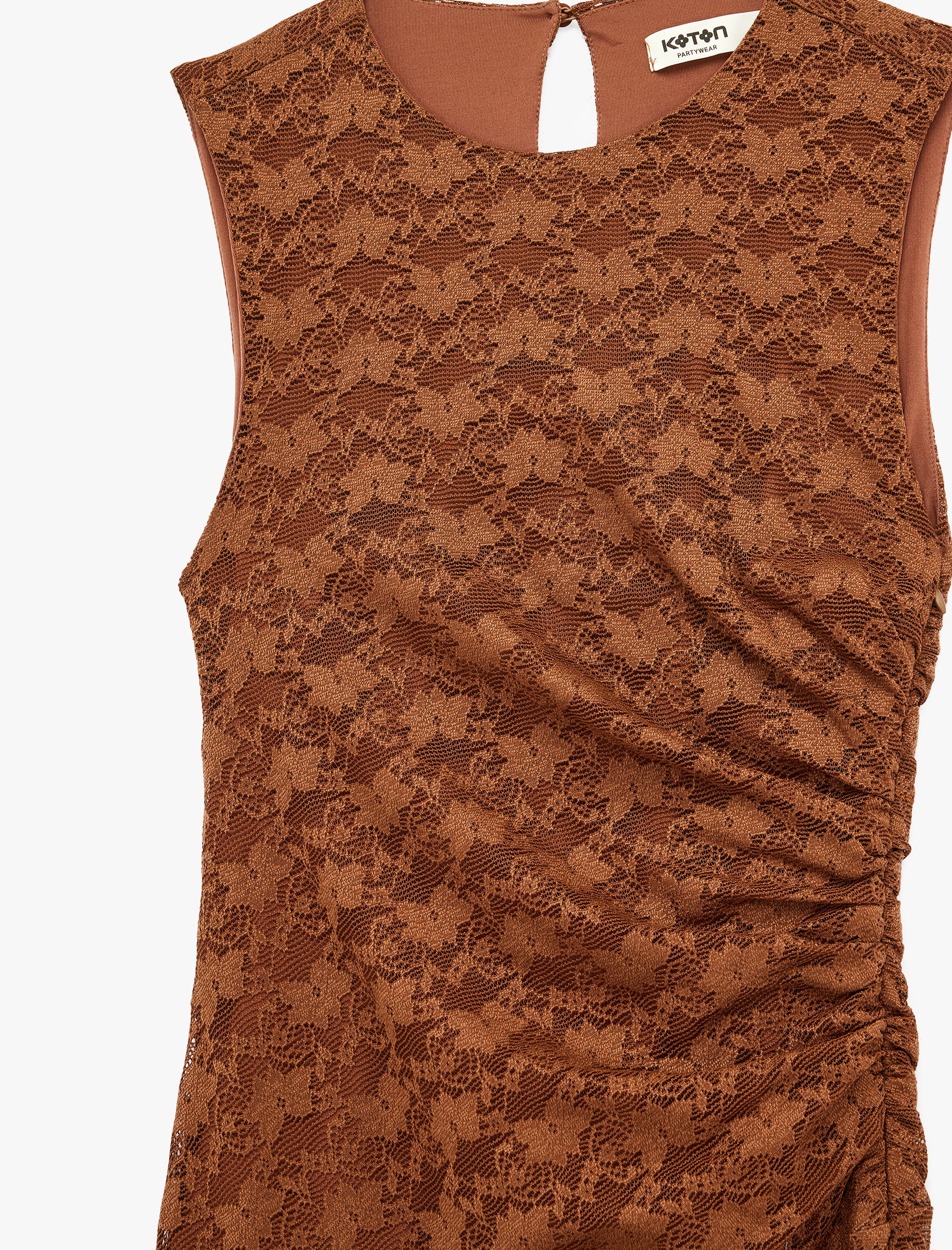   Asimetrik Kesim Slim Fit Kolsuz Bisiklet Yaka Uzun Dantel Elbise