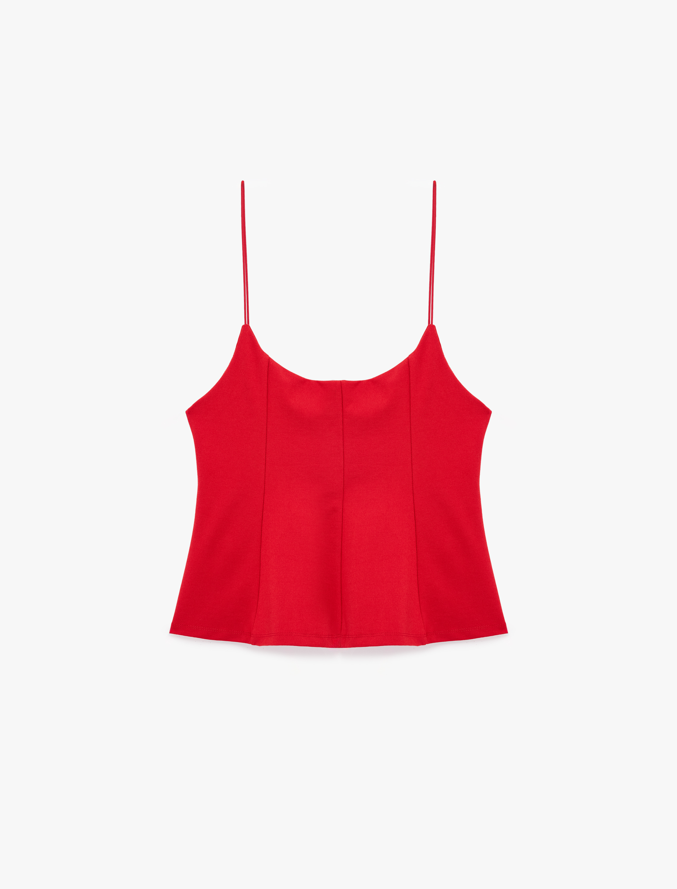   Dikiş Detaylı Viskon Kolsuz Slim Fit Peplum Askılı Bluz