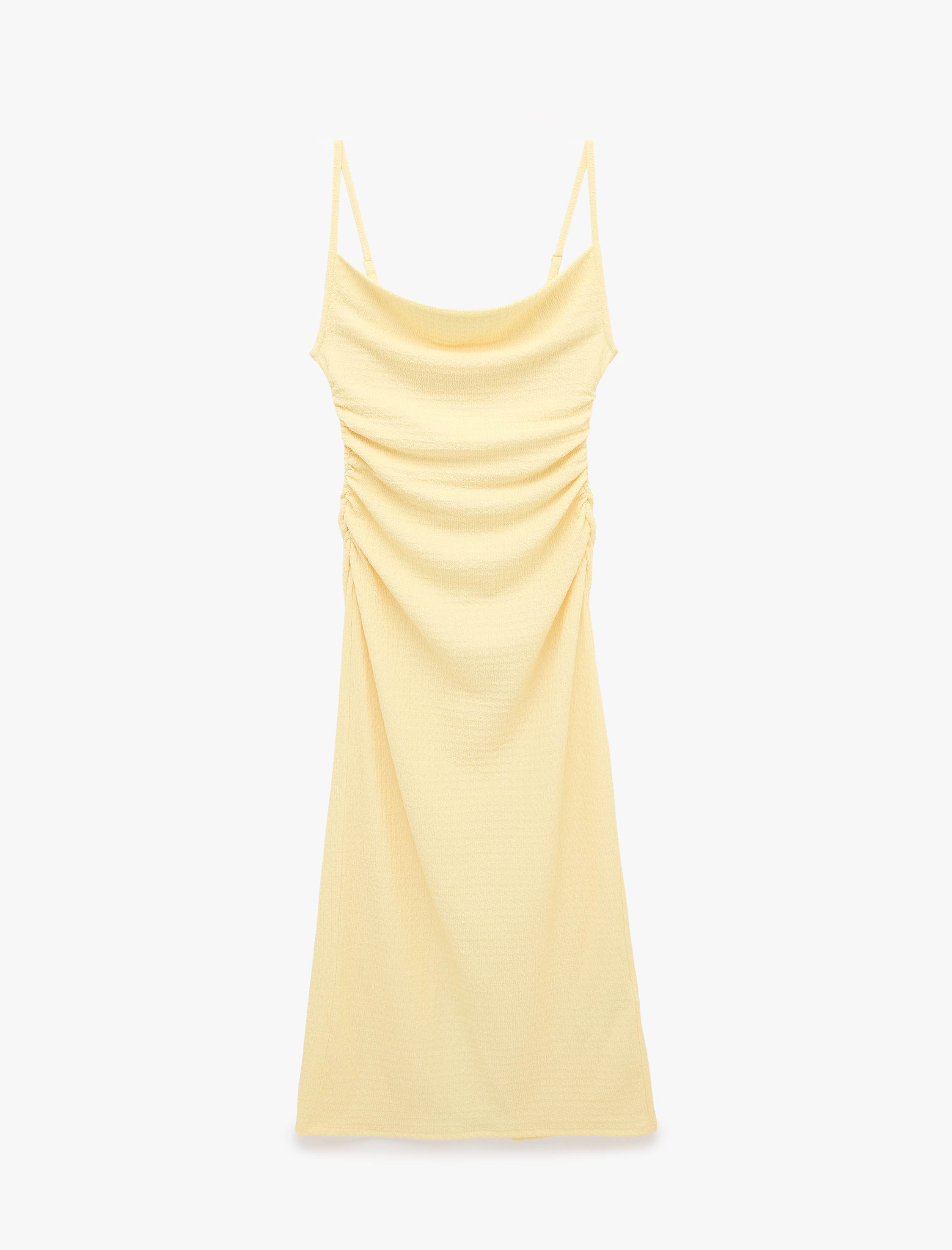   Bürümcük Kumaş Dokulu Drape Detaylı Yırtmaçlı Kare Yaka Slim Fit İp Askılı Midi Elbise
