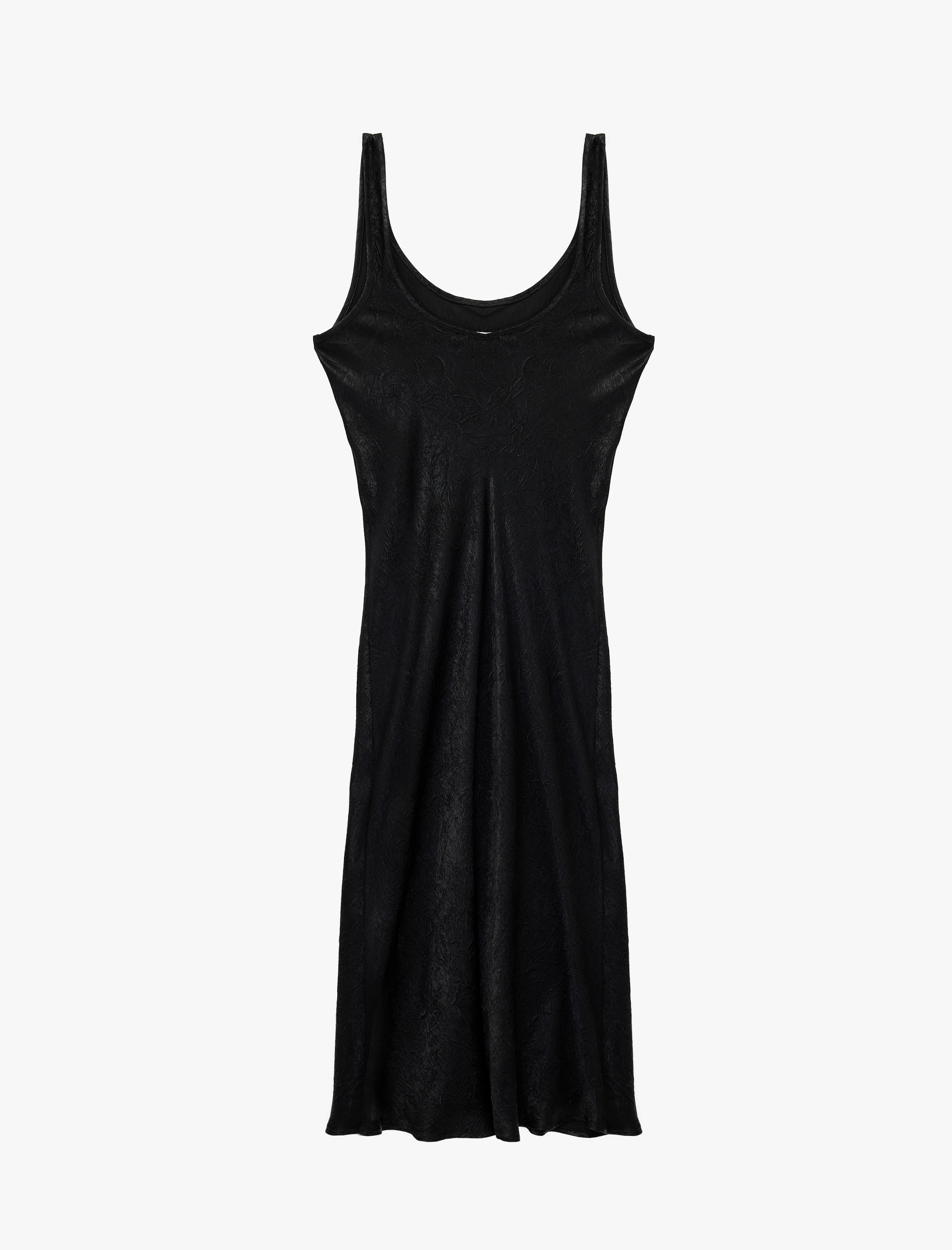   Slim Fit U Yaka Kalın Askılı Kloş Midi Boy Dokulu Saten Kloş Elbise