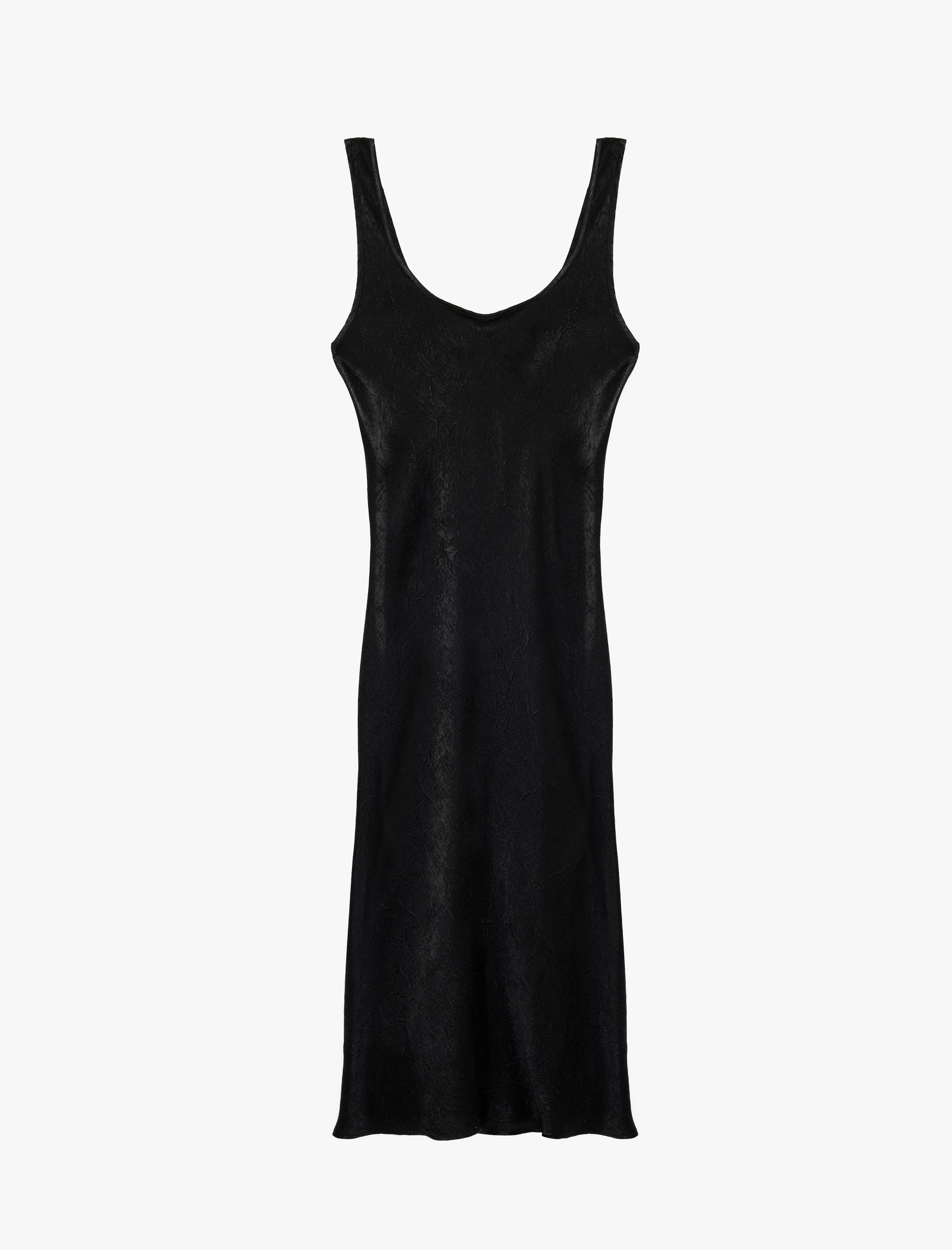   Slim Fit U Yaka Kalın Askılı Kloş Midi Boy Dokulu Saten Kloş Elbise