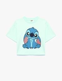 Lisanslı Stitch Baskılı Simli Bisiklet Yaka Kısa Kollu Pamuklu Tişört
