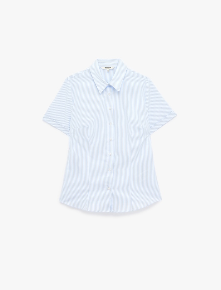  Regular Fit Kısa Kollu Klasik Yaka Düğmeli Çizgili Poplin Gömlek