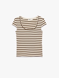 Slim Fit U Yaka Kısa Kollu Çizgili Tişört