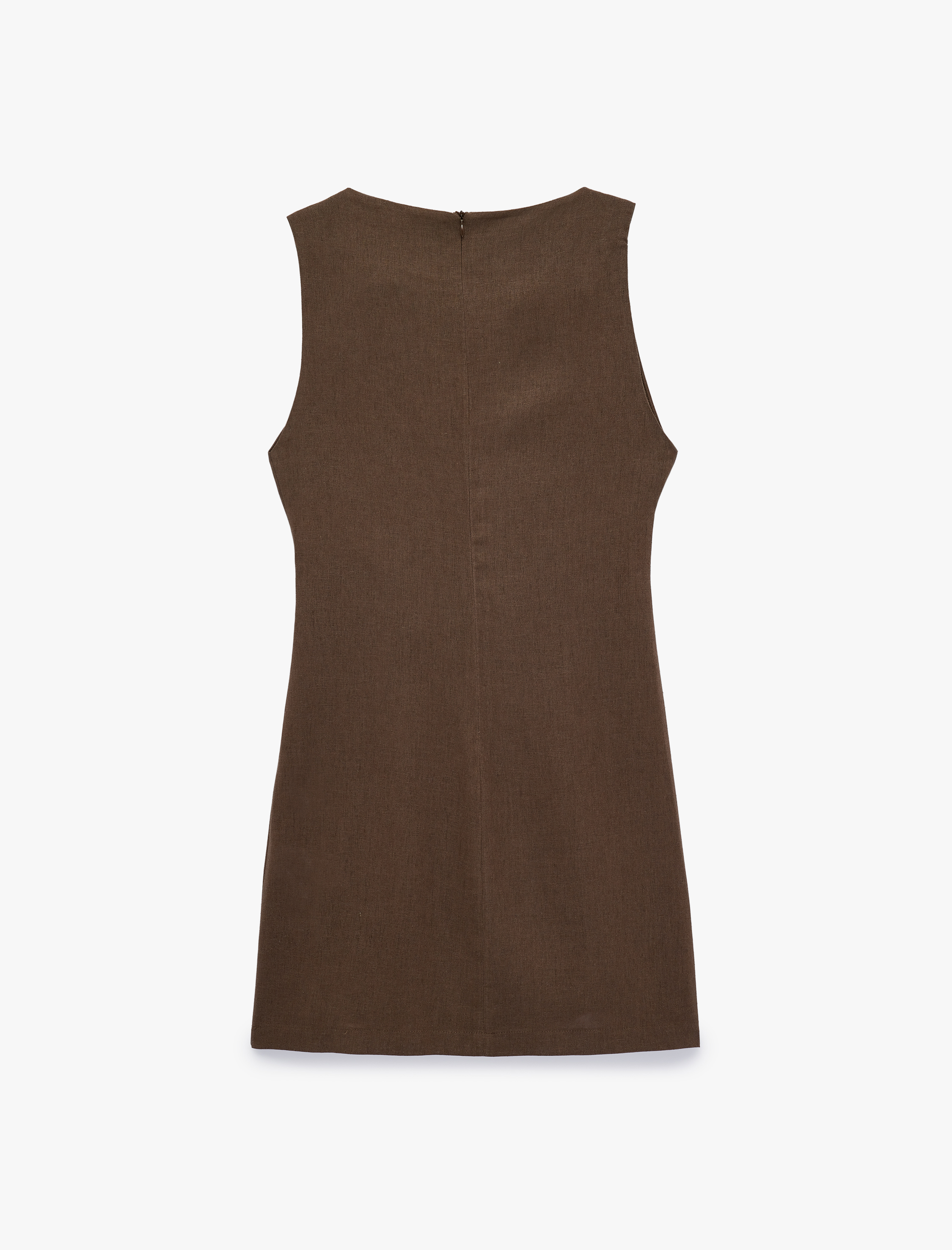   Keten Karışımlı Slim Fit Drapeli Yuvarlak Yaka Metal Aksesuarlı Kolsuz Mini Elbise