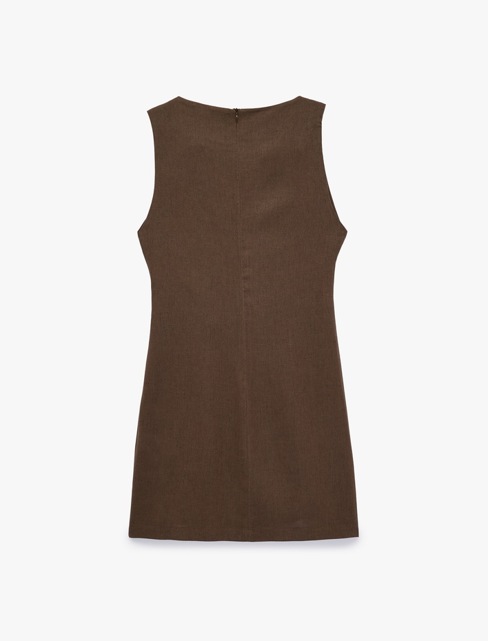  Keten Karışımlı Slim Fit Drapeli Yuvarlak Yaka Metal Aksesuarlı Kolsuz Mini Elbise