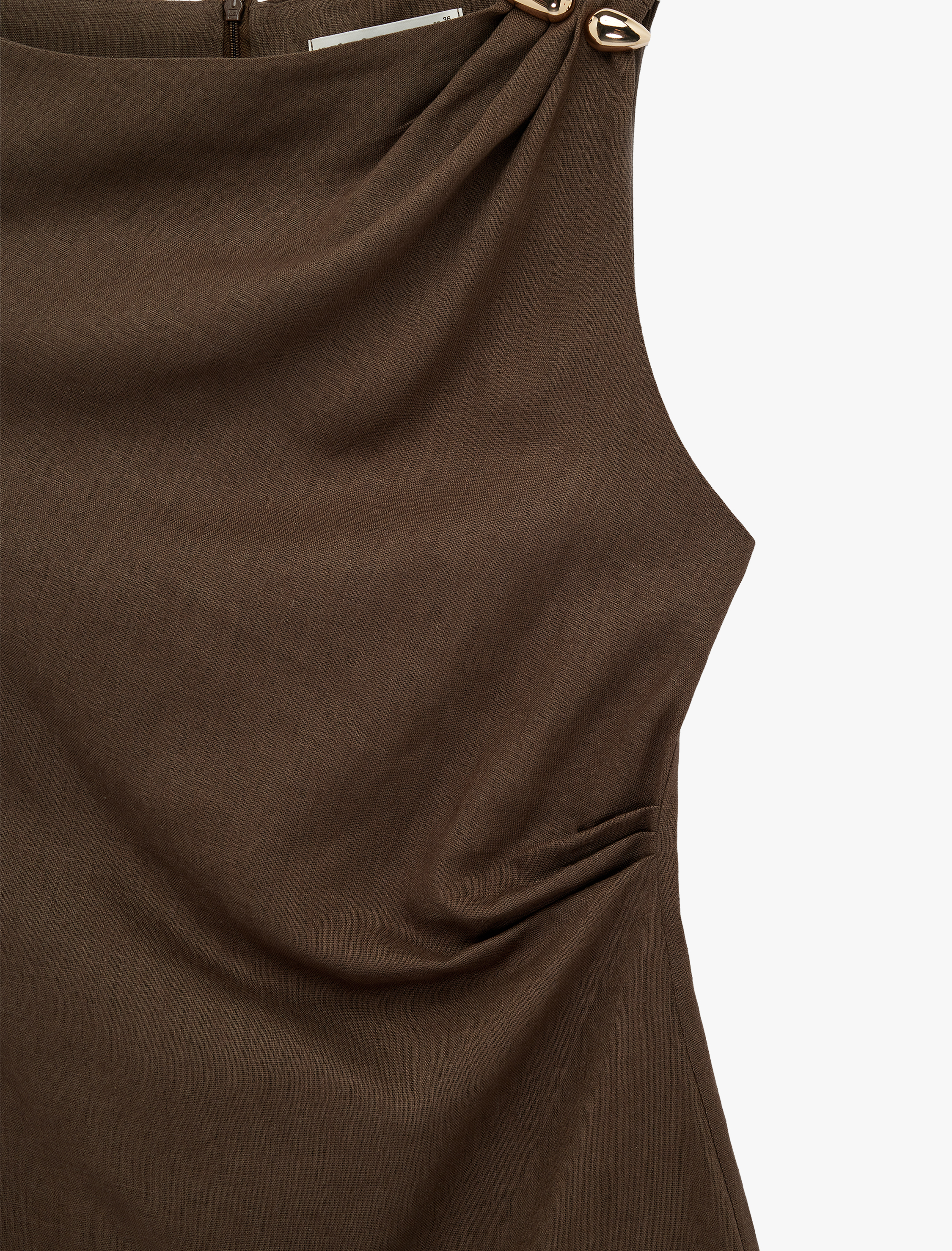   Keten Karışımlı Slim Fit Drapeli Yuvarlak Yaka Metal Aksesuarlı Kolsuz Mini Elbise