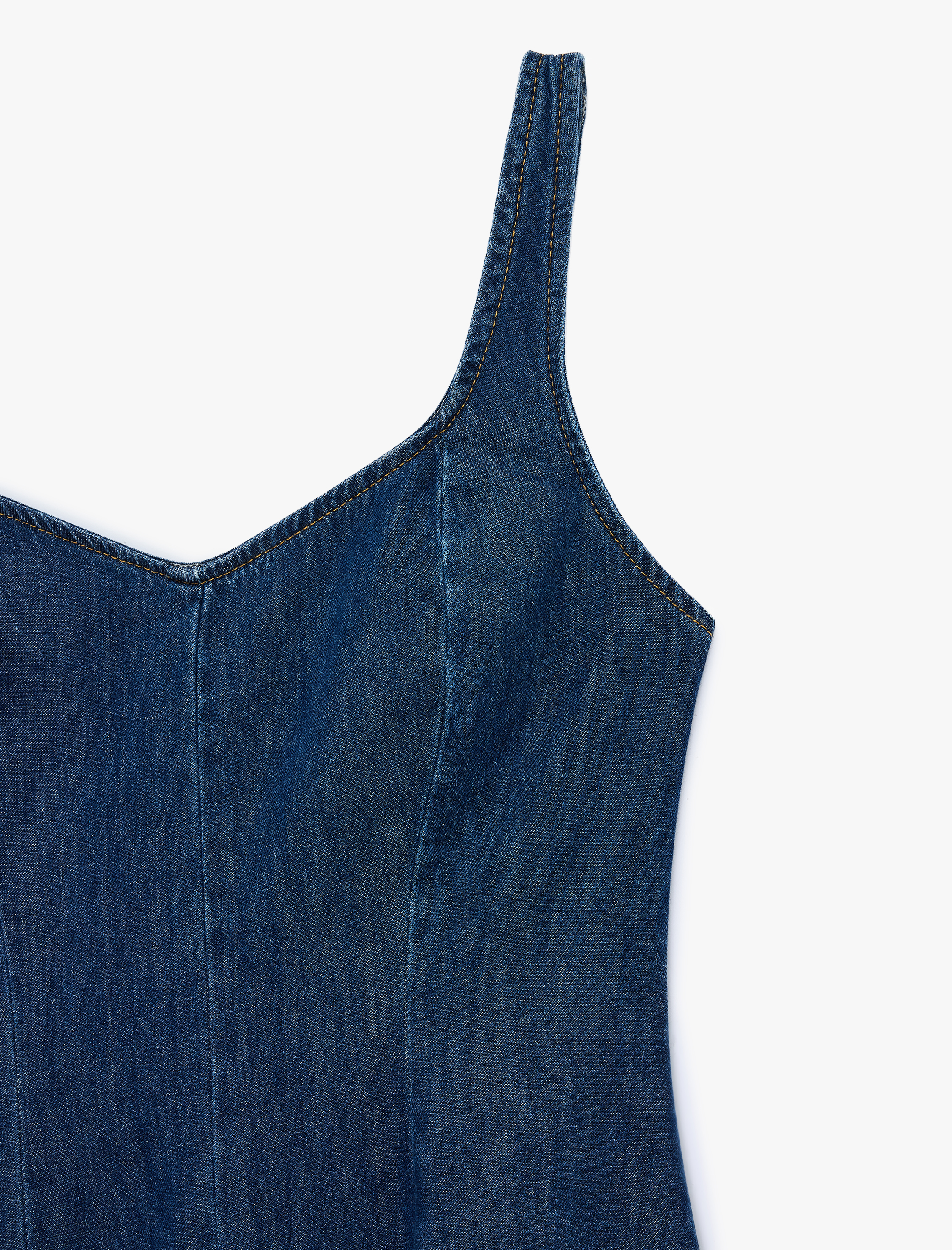   Volanlı Kolsuz V Yaka Asimetrik Kesim Denim Elbise