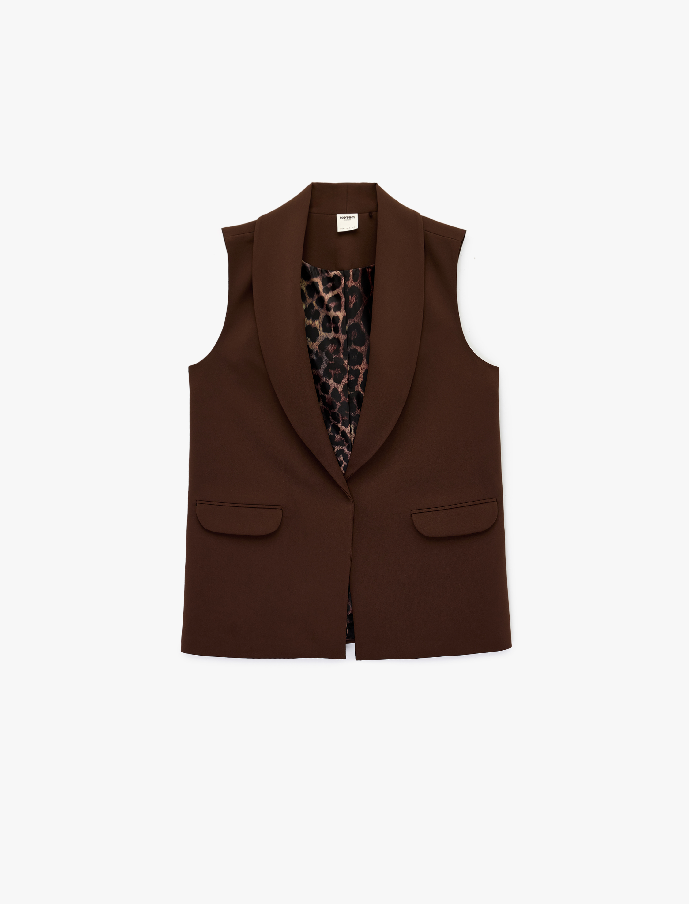   Astarı Leopar Desenli Cepli Uzun Blazer Yelek
