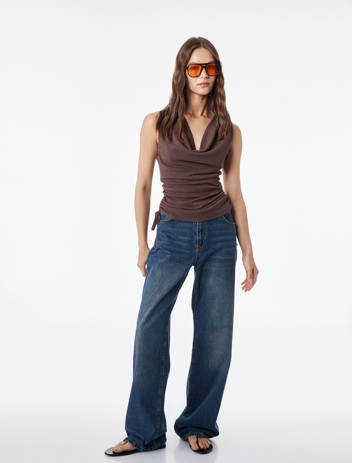  Slim Fit Kolsuz Bürümcük Bağlama Detaylı Degaje Yaka Büzgülü Bluz