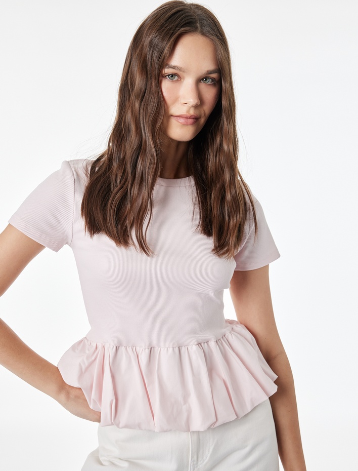  Slim Fit Kısa Kollu Bisiklet Yaka Balon Peplum Tişört