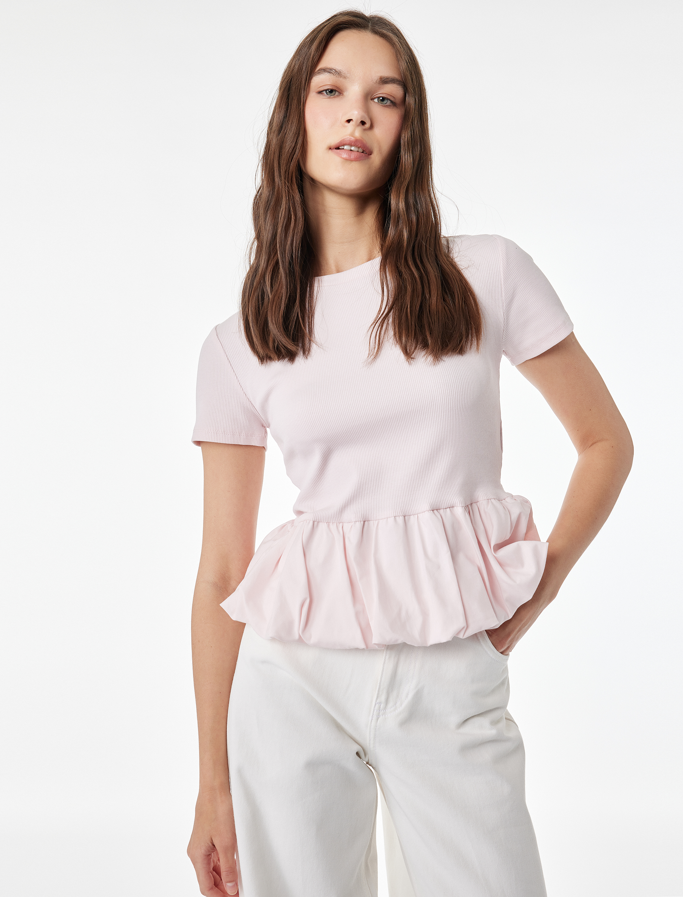   Slim Fit Kısa Kollu Bisiklet Yaka Balon Peplum Tişört