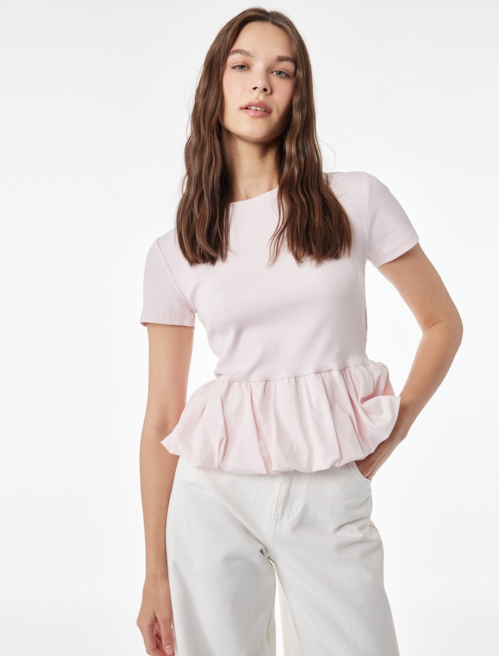  Slim Fit Kısa Kollu Bisiklet Yaka Balon Peplum Tişört