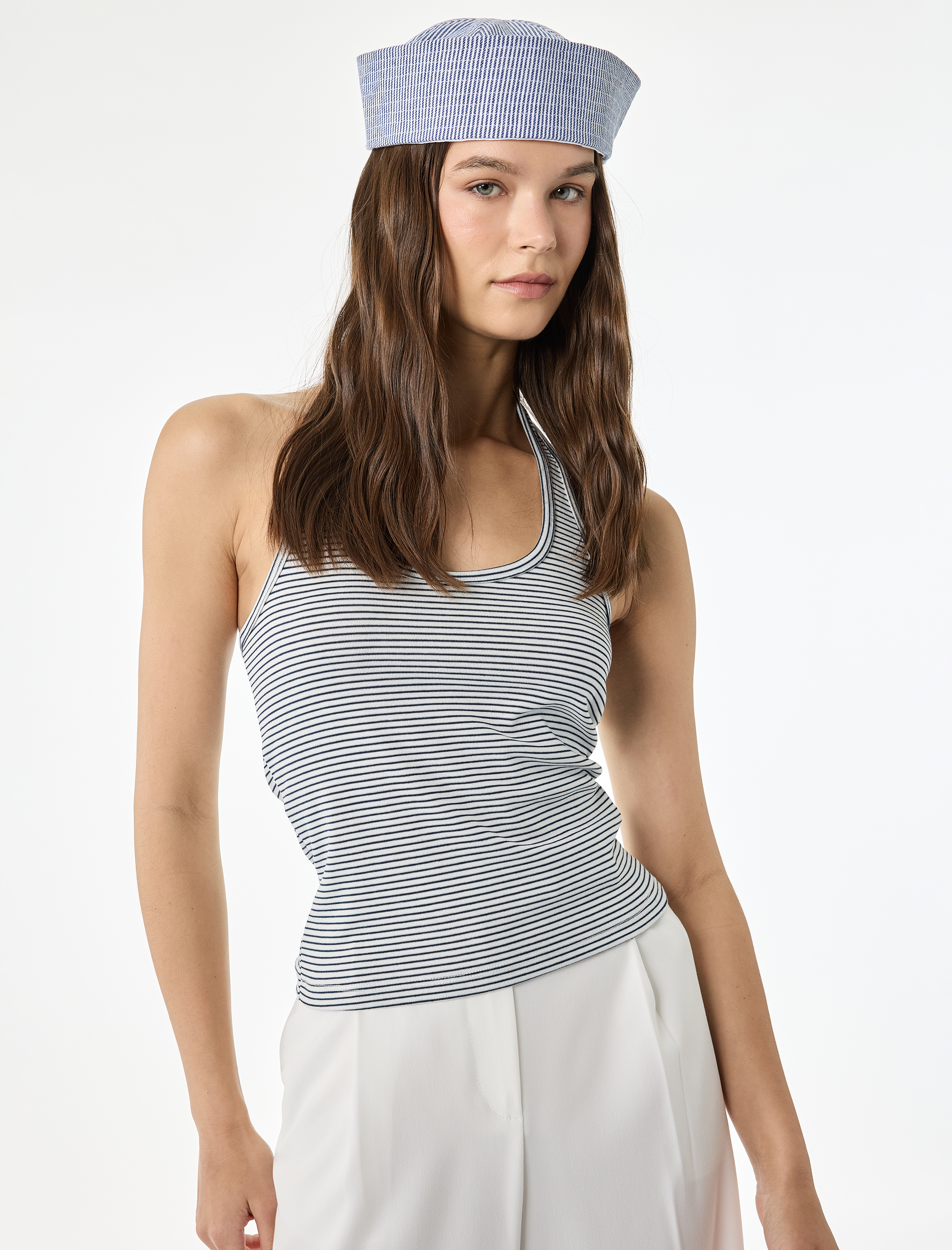   Slim Fit Pamuklu Çizgili Kolsuz Halter Yaka Bluz