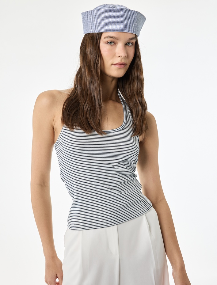  Slim Fit Pamuklu Çizgili Kolsuz Halter Yaka Bluz