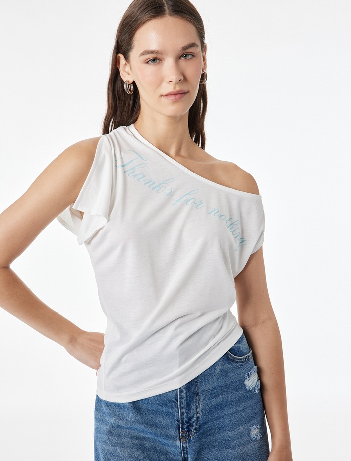  Viskon Karışımlı Slim Fit Kısa Kollu Omzu Açık Baskılı Tişört
