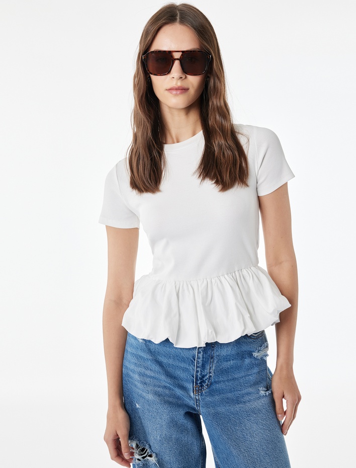  Slim Fit Kısa Kollu Bisiklet Yaka Balon Peplum Tişört