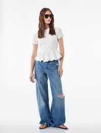 Slim Fit Kısa Kollu Bisiklet Yaka Balon Peplum Tişört