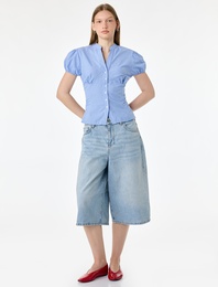 Pamuklu Slim Fit Poplin Balon Kollu V Yaka Gömlek