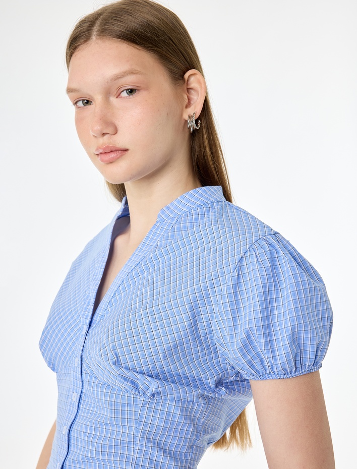  Pamuklu Slim Fit Poplin Balon Kollu V Yaka Gömlek