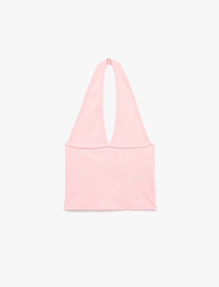  Pamuklu Dikiş Detaylı Kolsuz Slim Fit Crop Halter Yaka Bluz