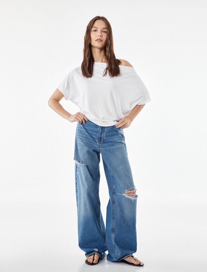 Modal Karışımlı Slim Fit Yarasa Kol Kayık Yaka Tişört