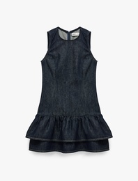 Pamuklu Rahat Kalıp Kolsuz Bisiklet Yaka Katlı Mini Jean Elbise