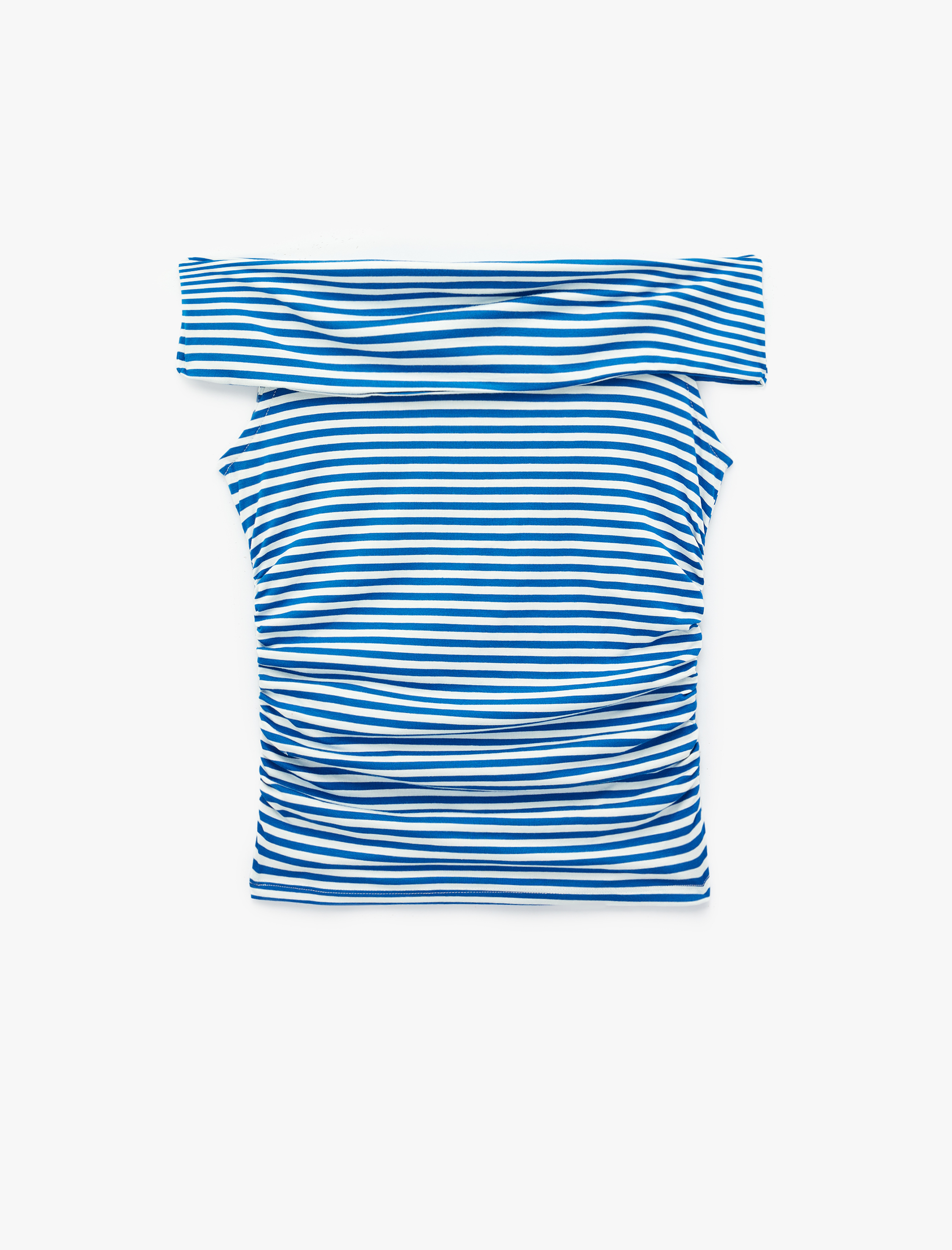   Koton X Sibil Çetinkaya - Slim Fit Drape Detaylı Çizgili Omzu Açık Bluz