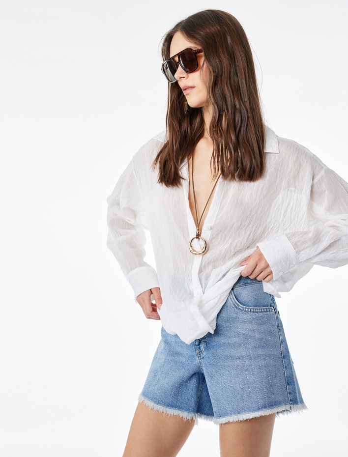  Pamuklu Yüksek Bel Taş Detaylı Mini Denim Şort