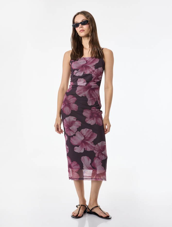  Kare Yaka Çiçek Desenli Askılı Midi Tül Bodycon Elbise