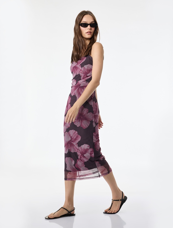  Kare Yaka Çiçek Desenli Askılı Midi Tül Bodycon Elbise