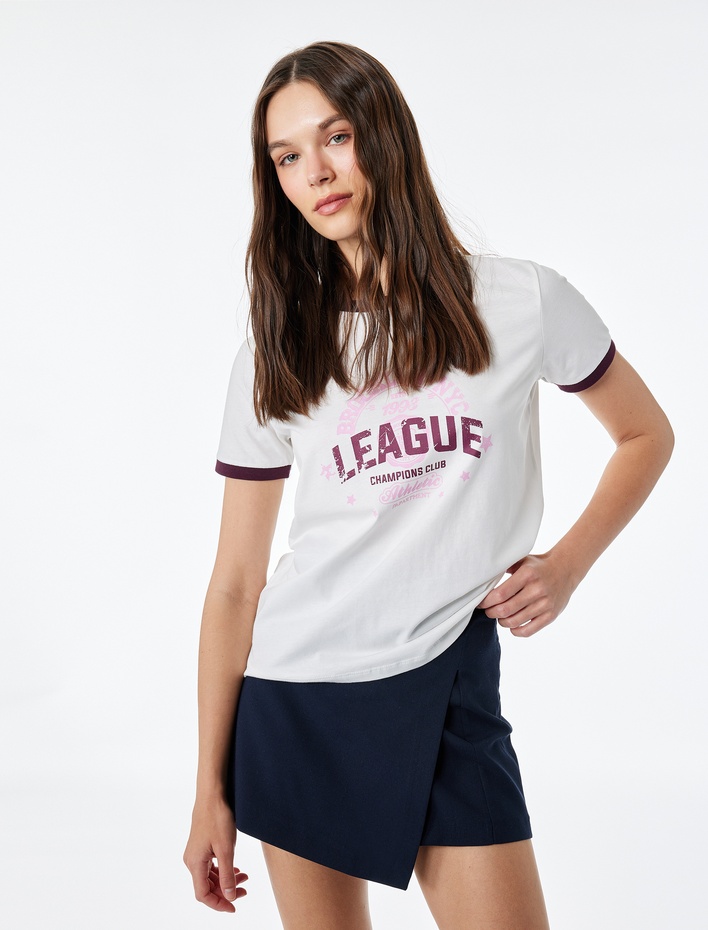  Kısa Kollu Bisiklet Yaka Renk Kontrastlı Slim Fit Baskılı Tişört