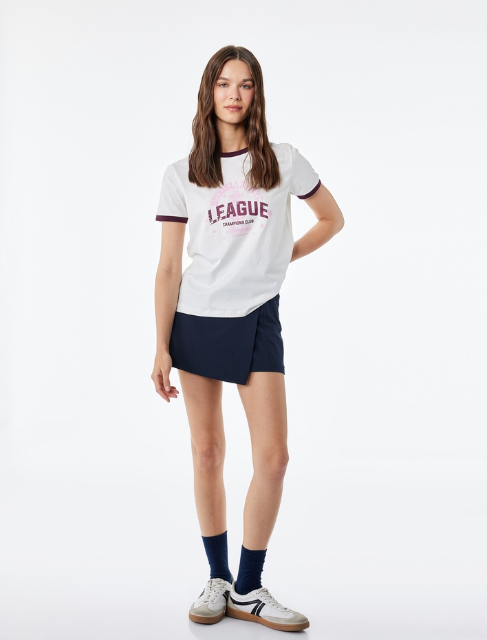  Kısa Kollu Bisiklet Yaka Renk Kontrastlı Slim Fit Baskılı Tişört