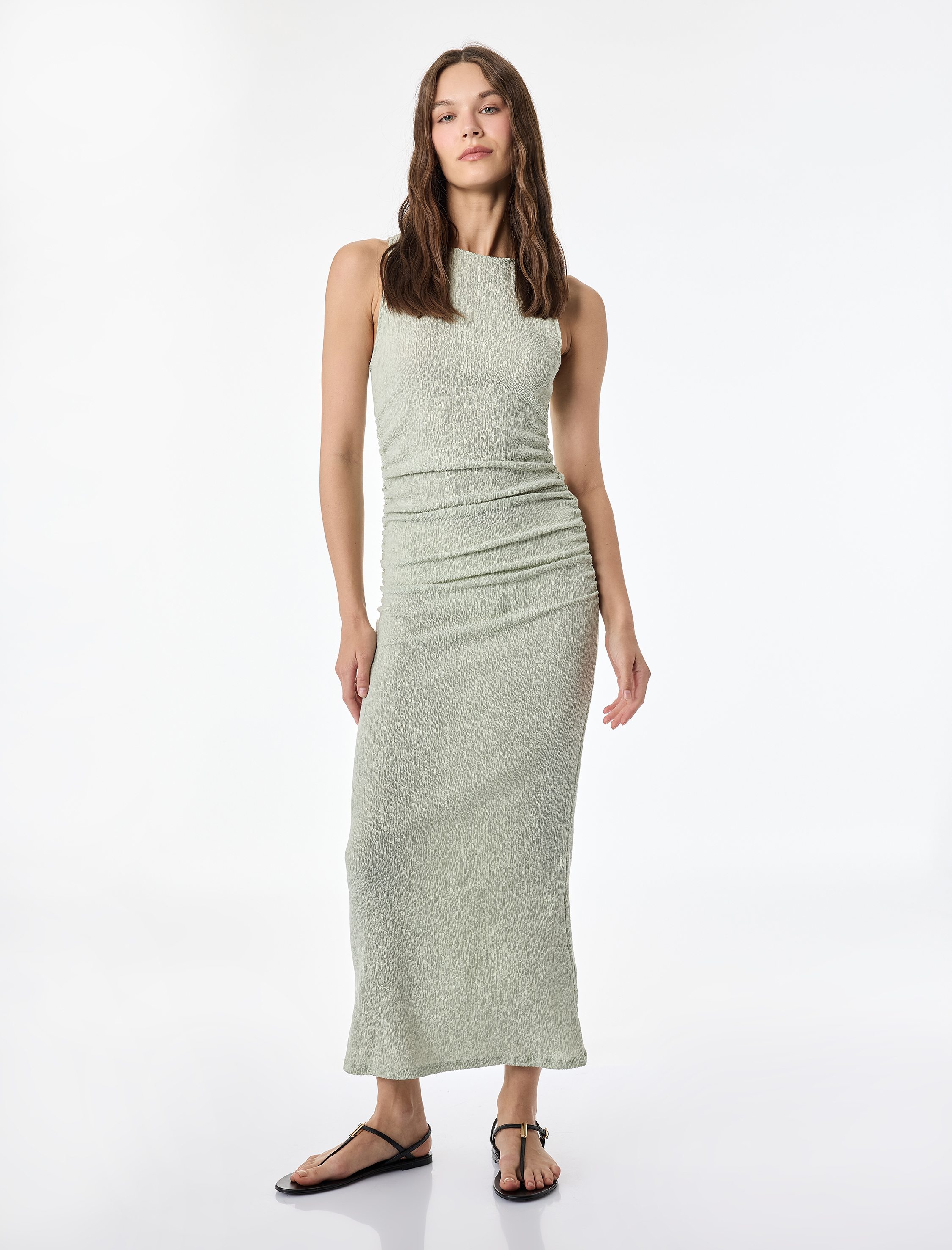   Slim Fit Kolsuz Bisiklet Yaka Viskon Karışımlı Bodycon Drapeli Uzun Elbise