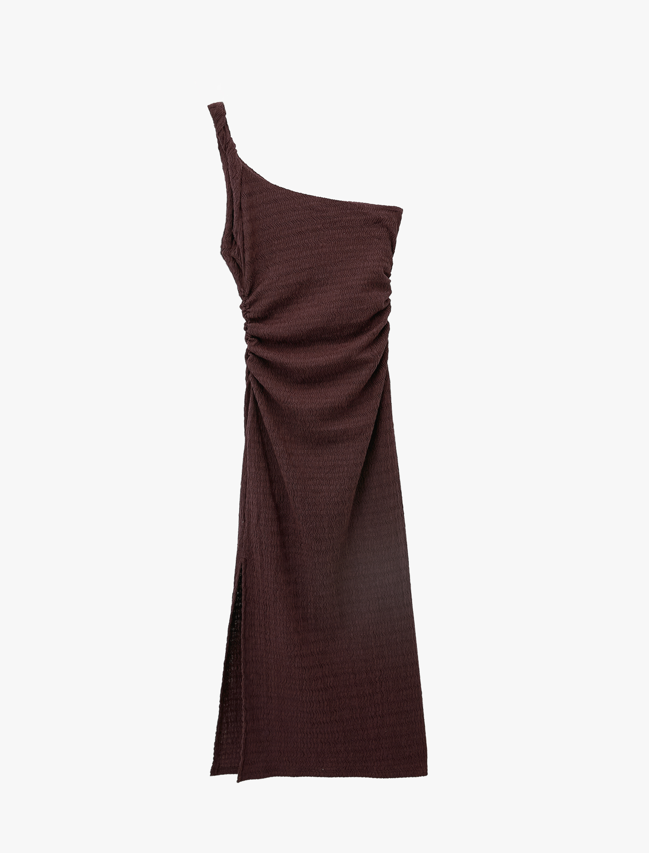   Bürümcük Kumaş Tek Omuz Kolsuz Slim Fit Drapeli Uzun Elbise
