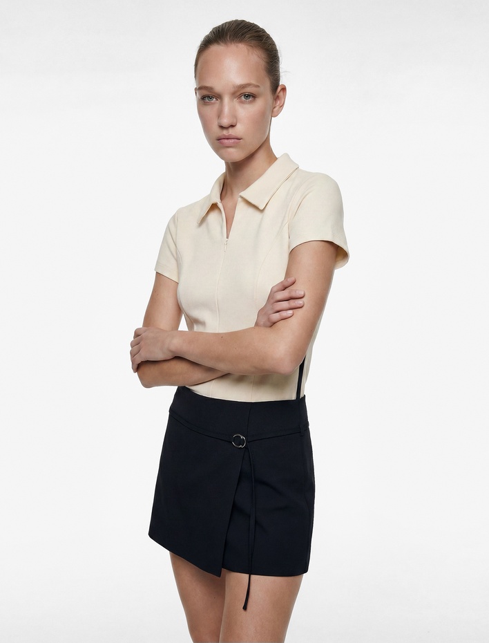  Slim Fit Viskon Karışımlı Fermuarlı Scuba Kısa Kollu Polo Yaka Tişört