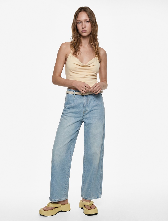  Yüksek Bel Pamuklu Kemerli Kısa Geniş Paça Denim Pantolon - Wide Leg Jean