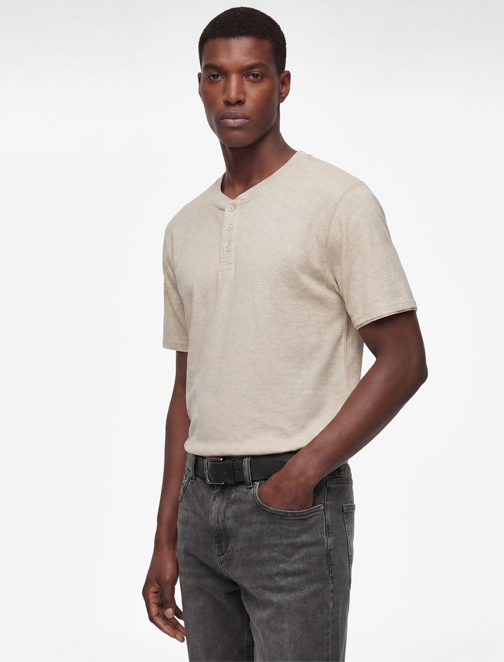  Keten Karışımlı Regular Fit Düğmeli Henley Yaka Kısa Kollu Tişört