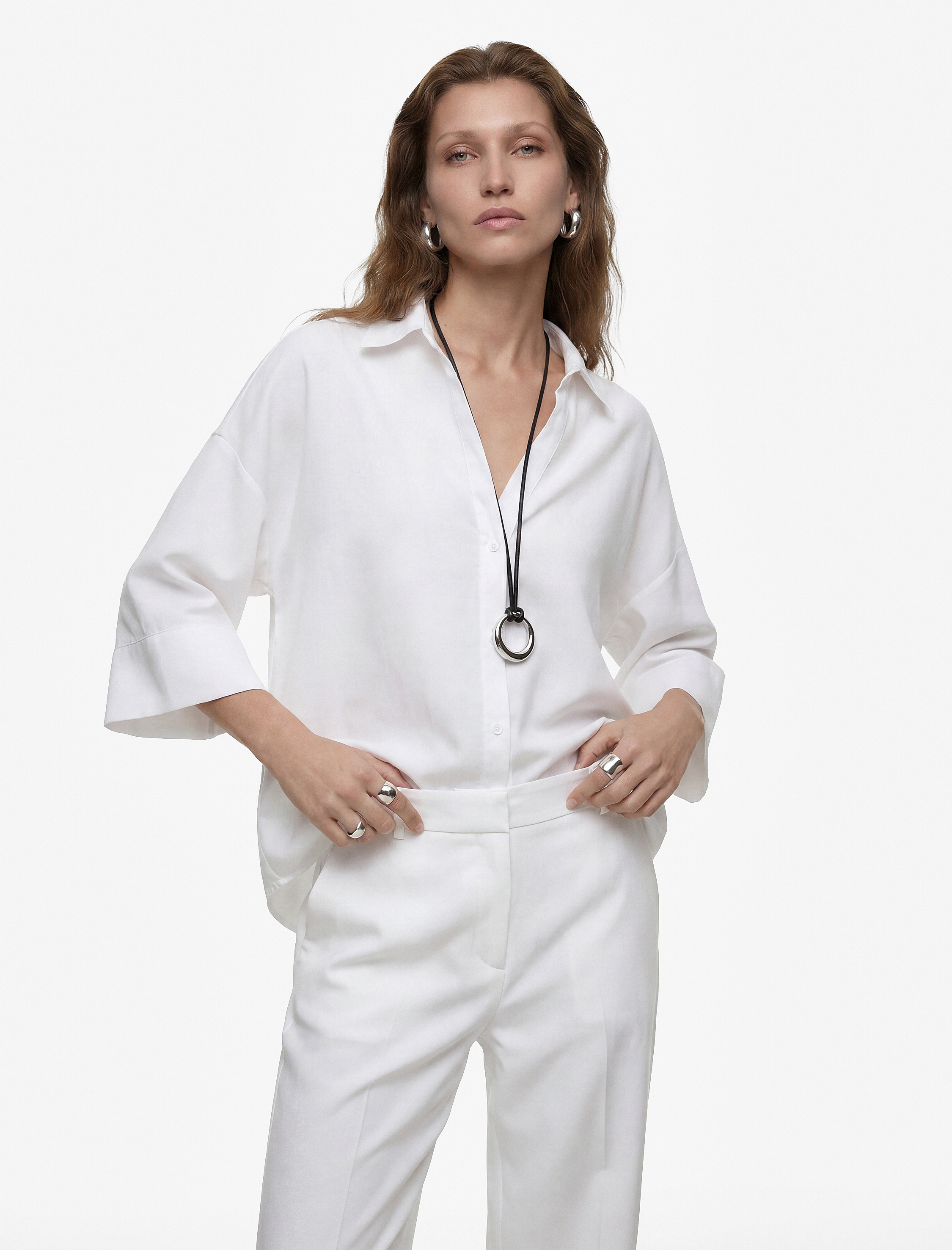  Oversize Klasik Yaka 3/4 Kollu Keten Karışımlı Gömlek